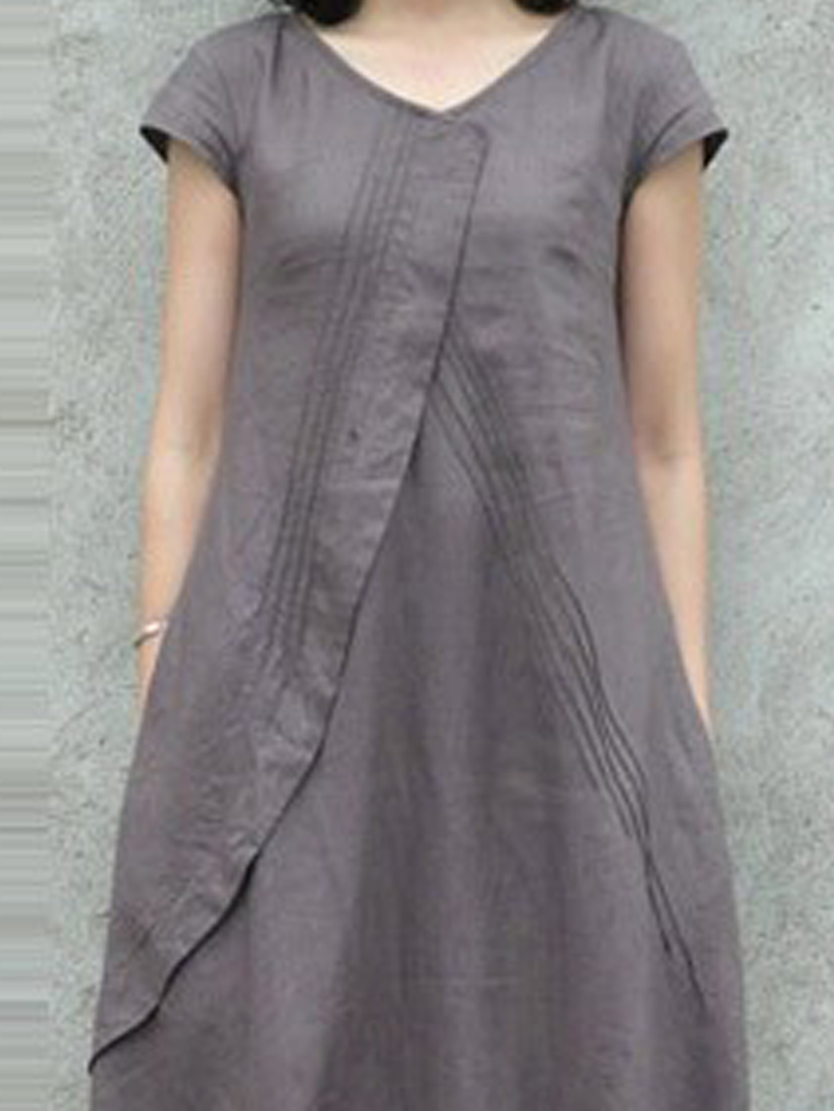 Cotton And Linen Crew Neck Plain Short Sleeve Midi Dress