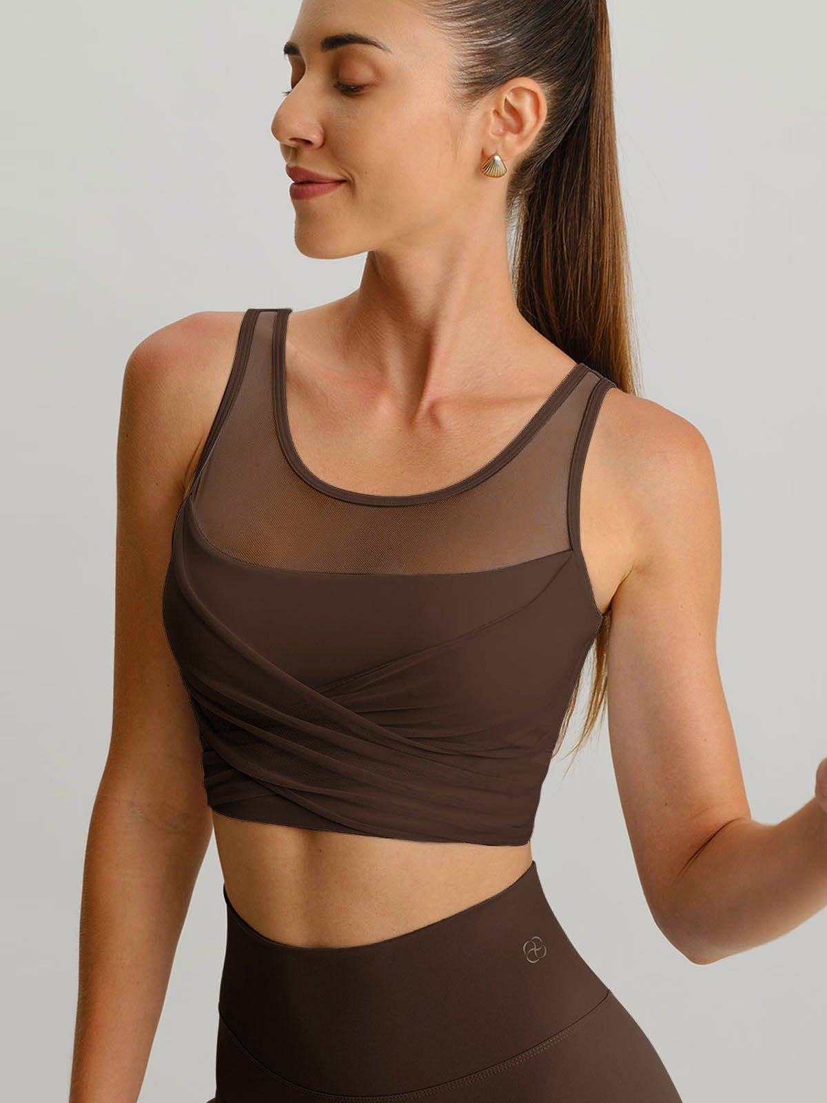Coffee Mesh Cross-Front Tank Top - Light Support