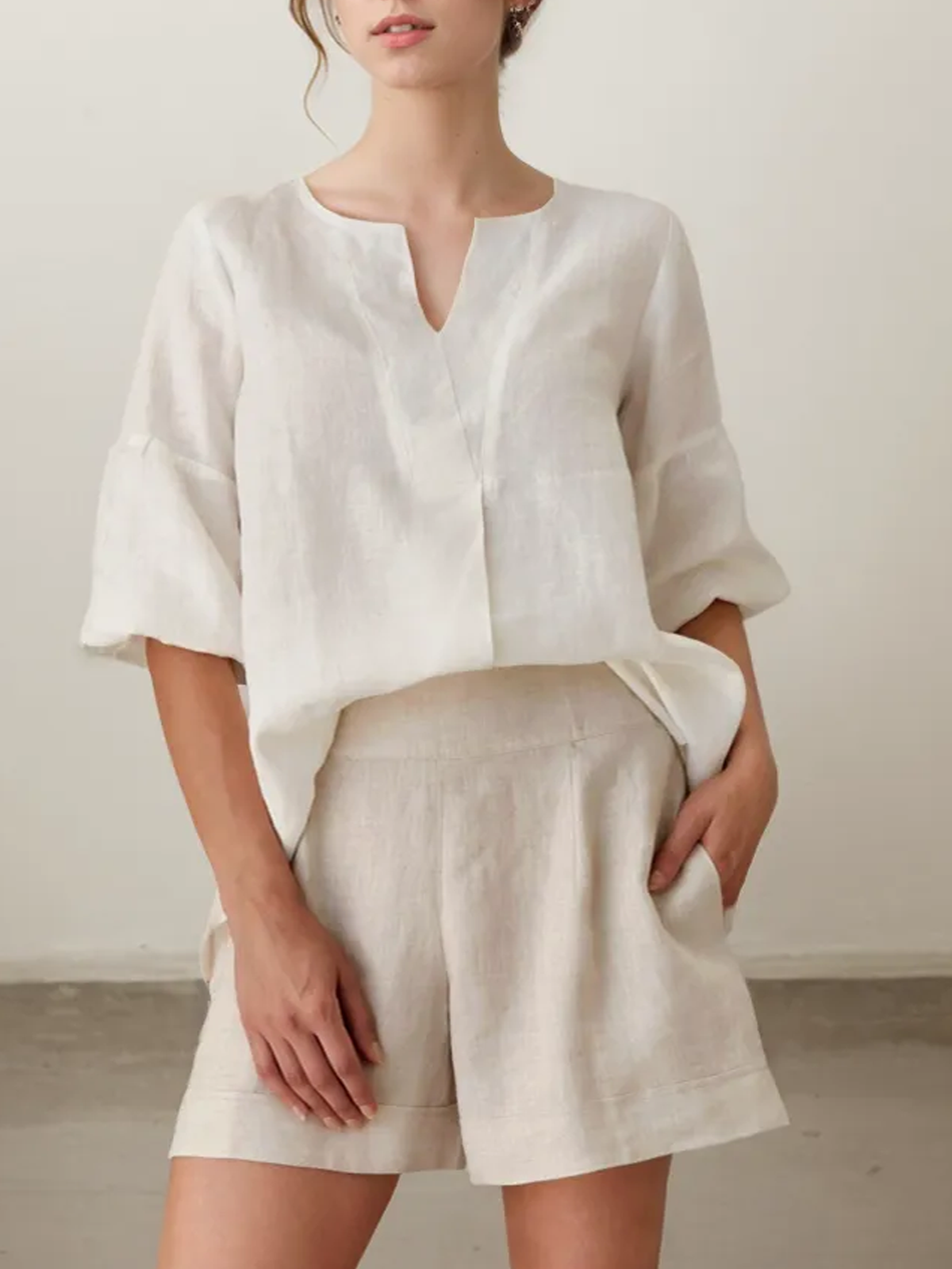 Cotton And Linen Notched Plain Half Sleeve Blouse