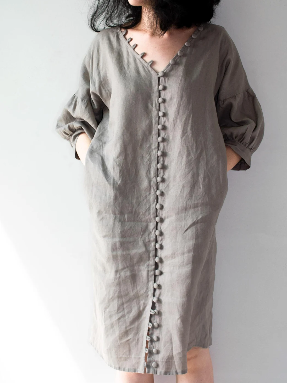 Cotton And Linen V Neck Plain Long Sleeve Mini Dress