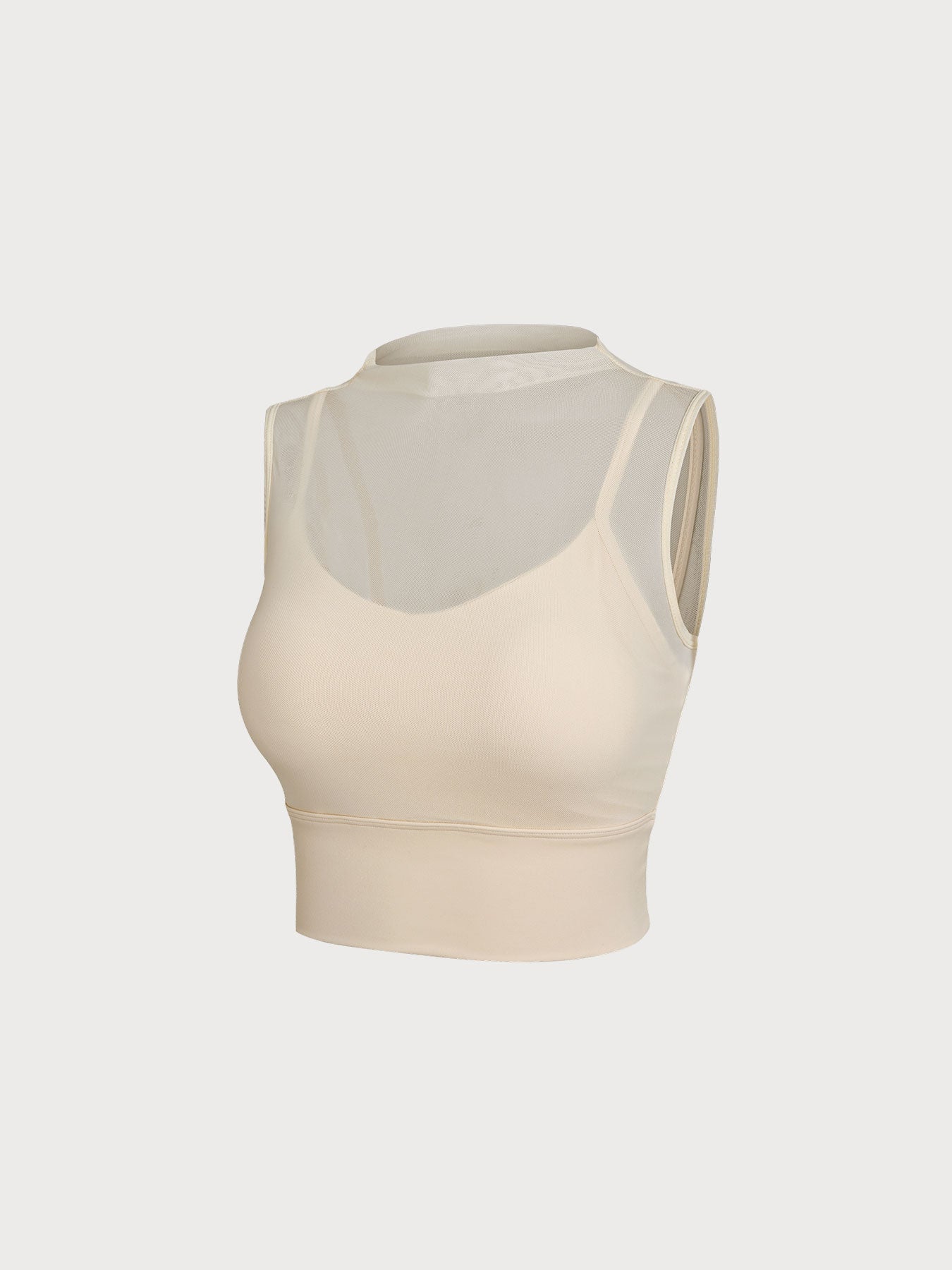 Cream Mesh Panel Mock Neck Tank Top