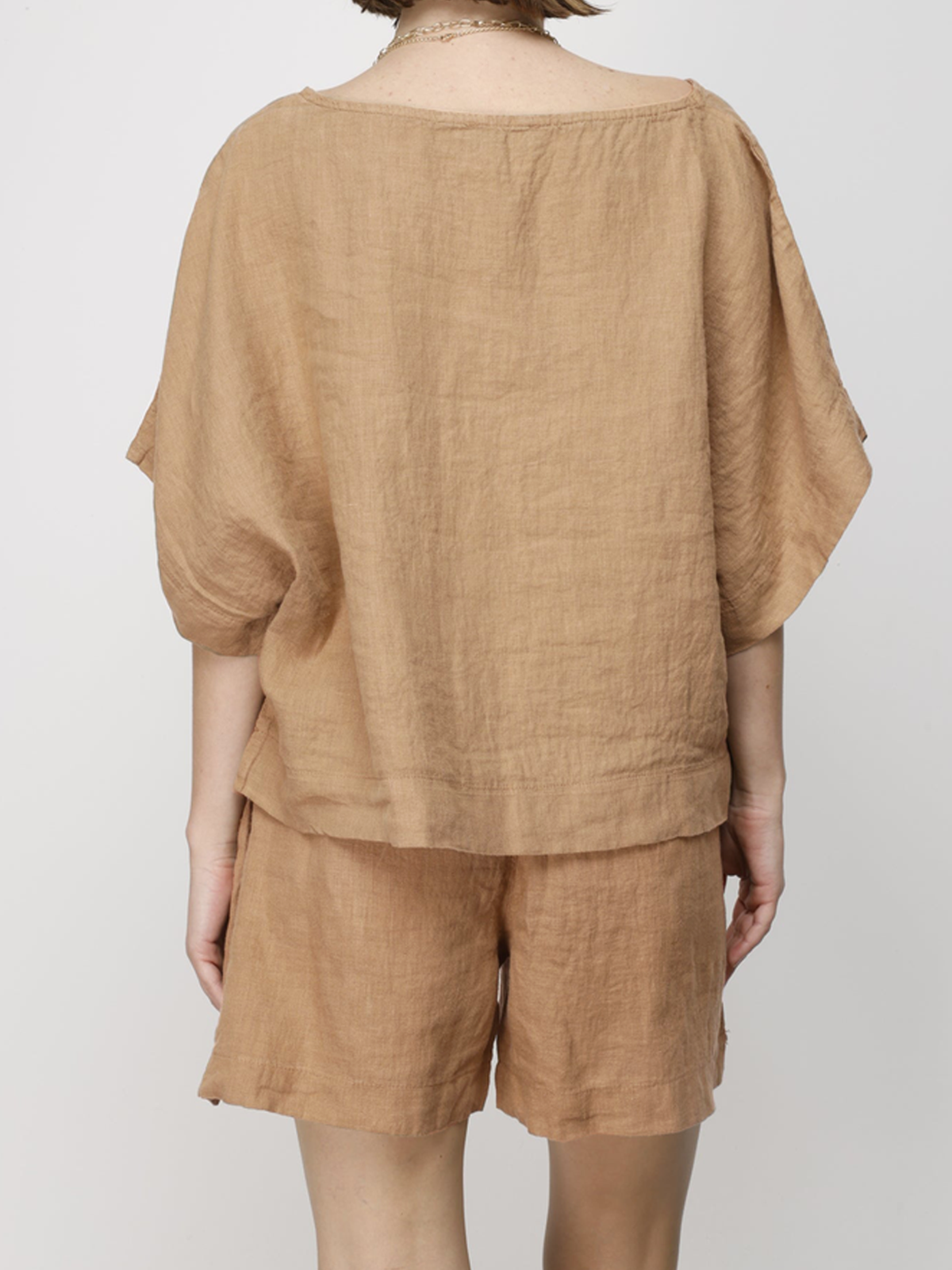 Cotton And Linen Crew Neck Plain Half Sleeve Top With Pants Two-piece Set