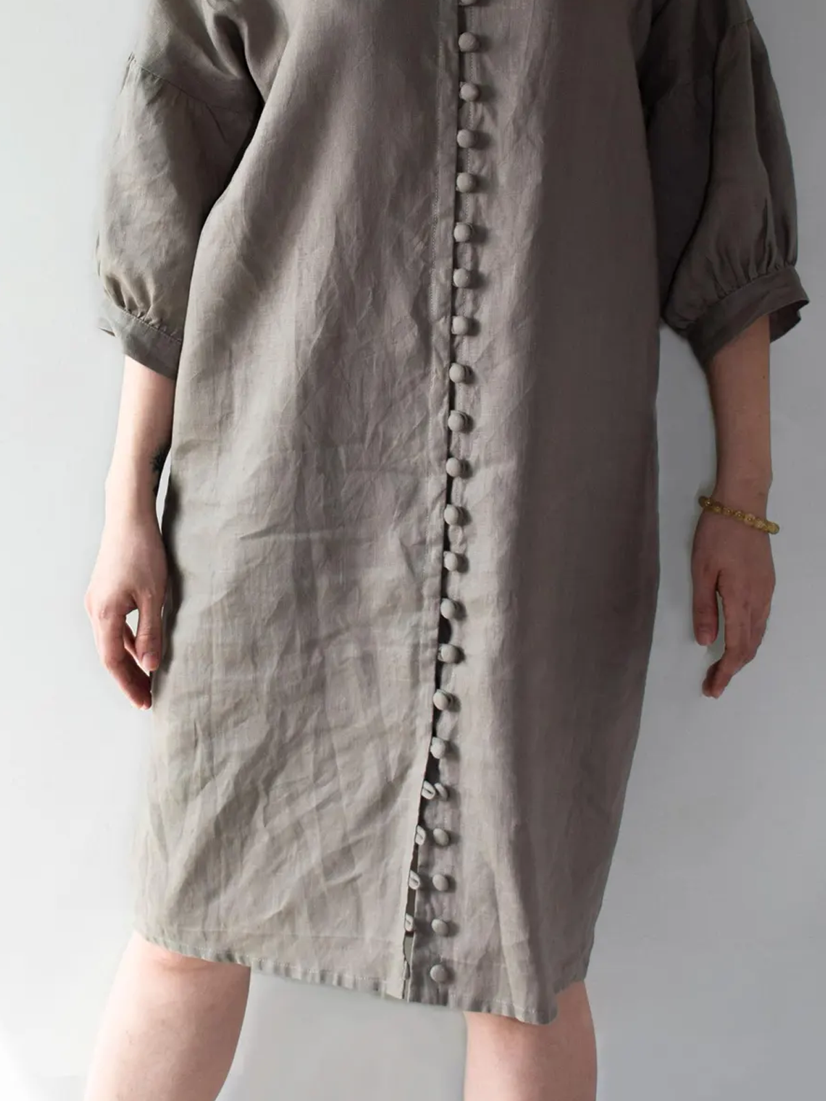 Cotton And Linen V Neck Plain Long Sleeve Mini Dress