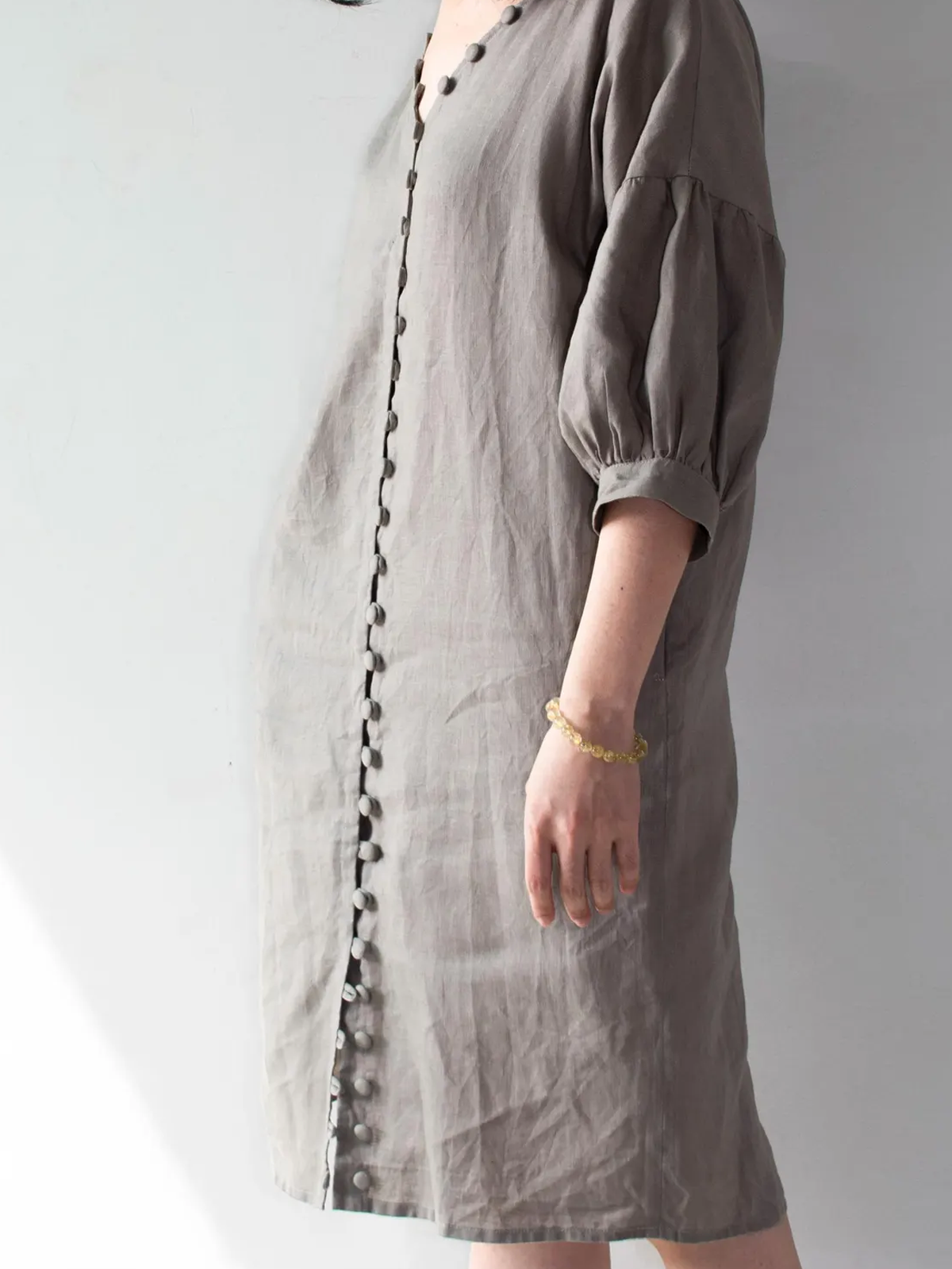 Cotton And Linen V Neck Plain Long Sleeve Mini Dress