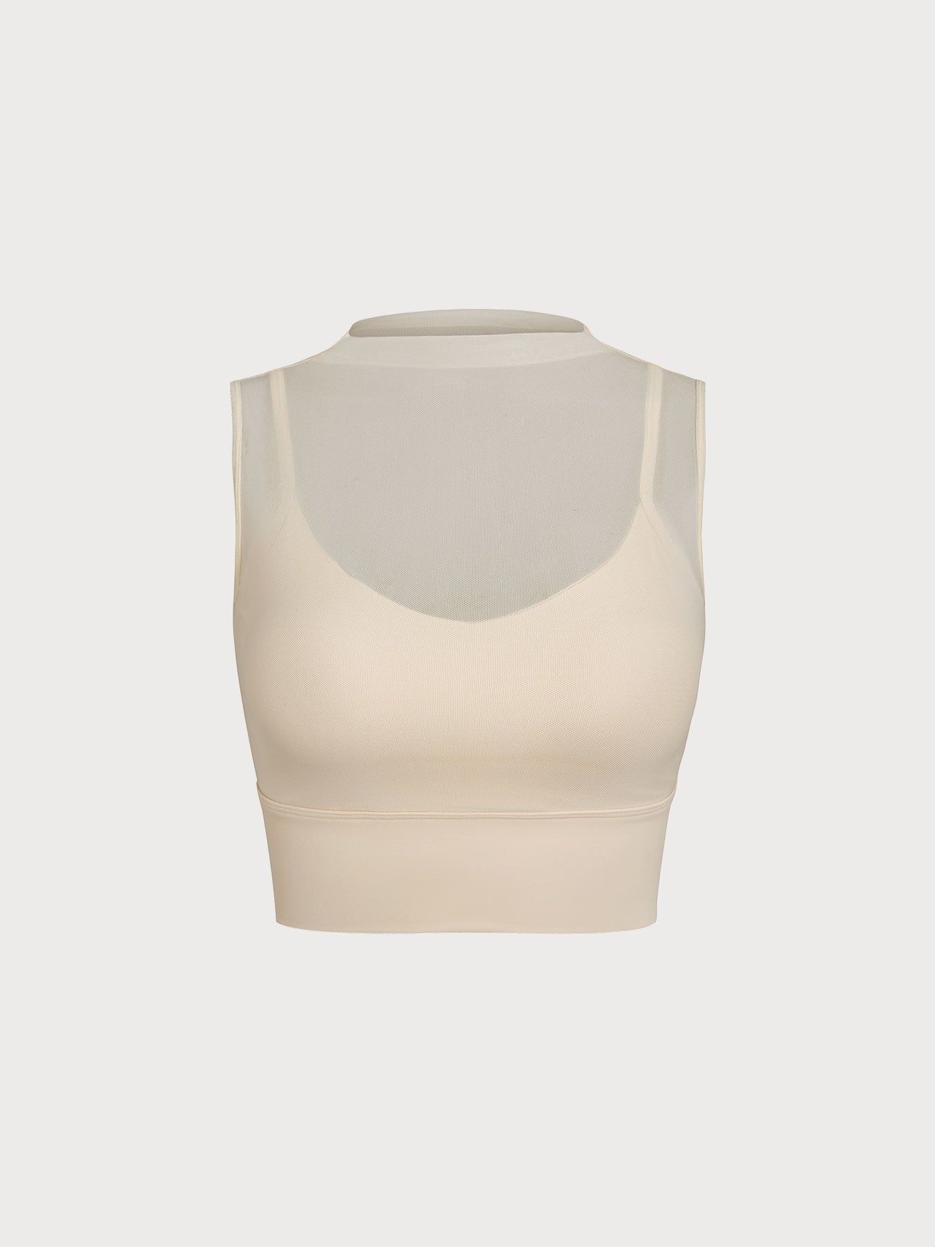 Cream Mesh Panel Mock Neck Tank Top