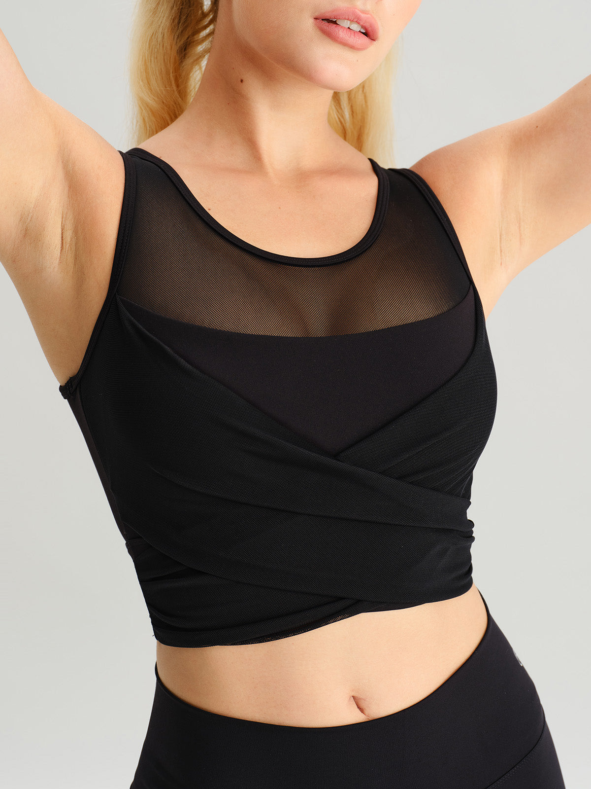 Black Mesh Cross-Front Tank Top - Light Support