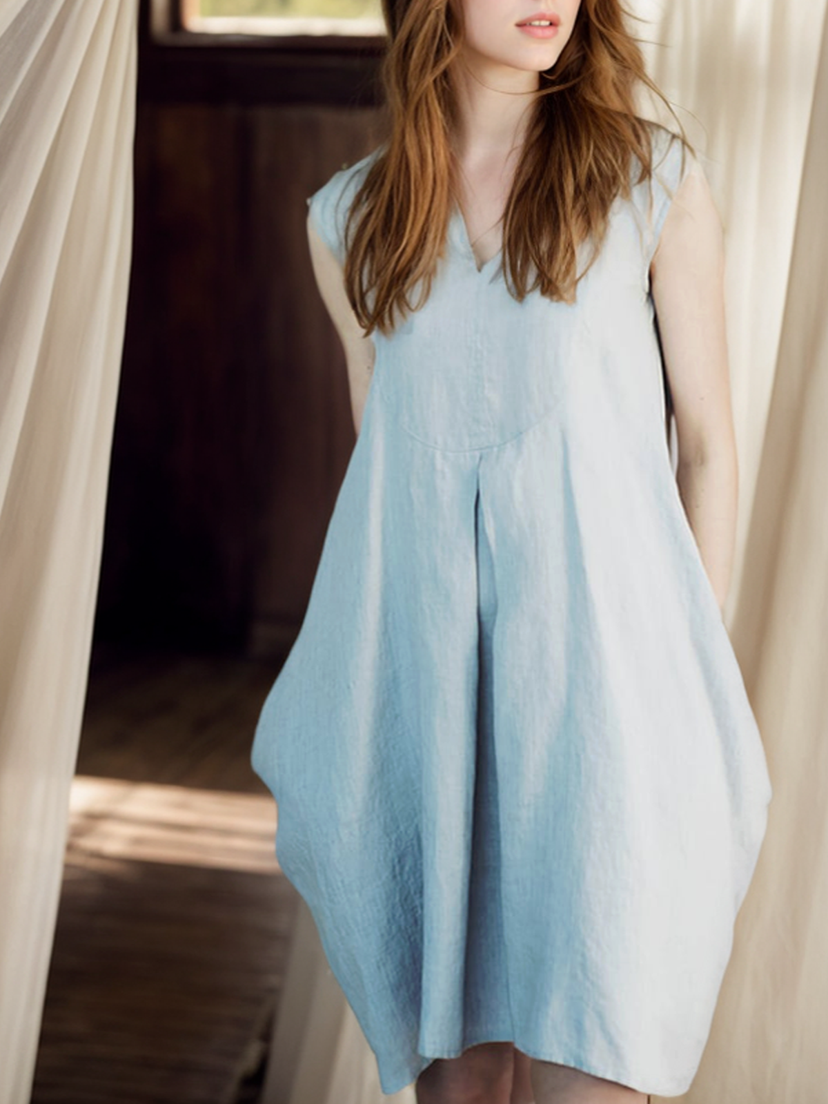 Cotton And Linen Crew Neck Plain Sleeveless Mini Dress