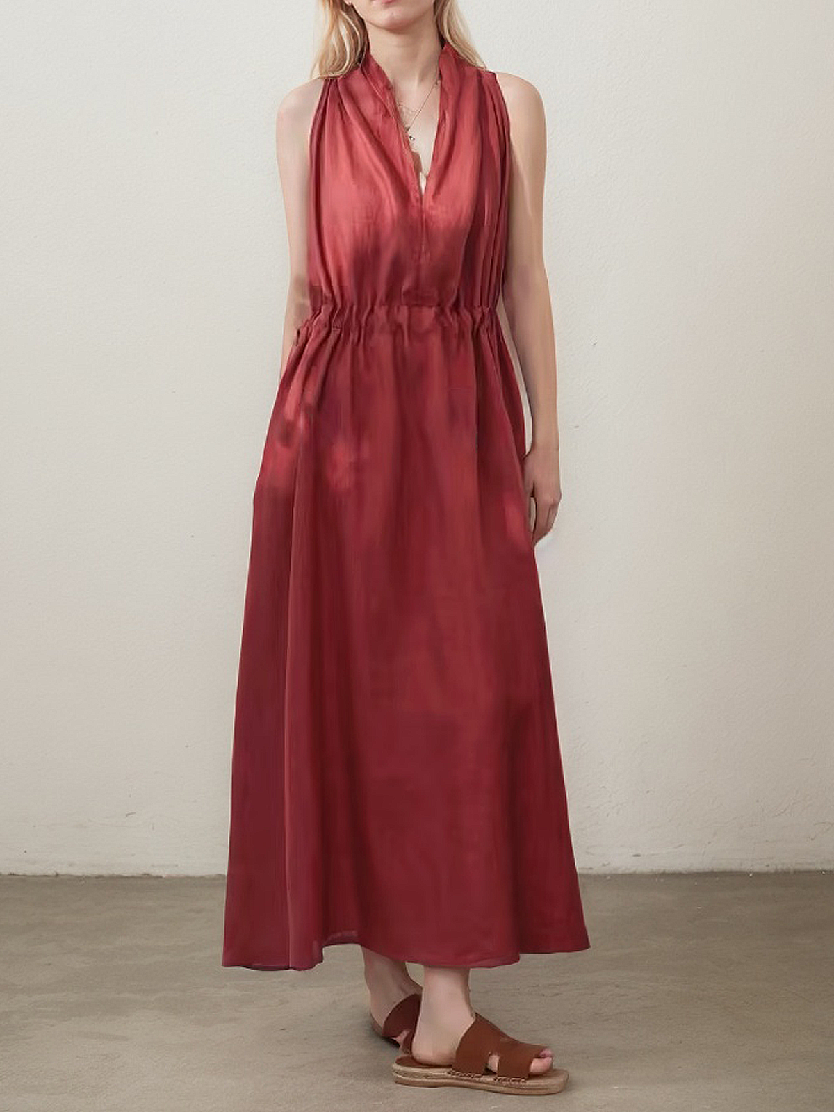 Linen V Neck Plain Sleeveless Maxi Dress