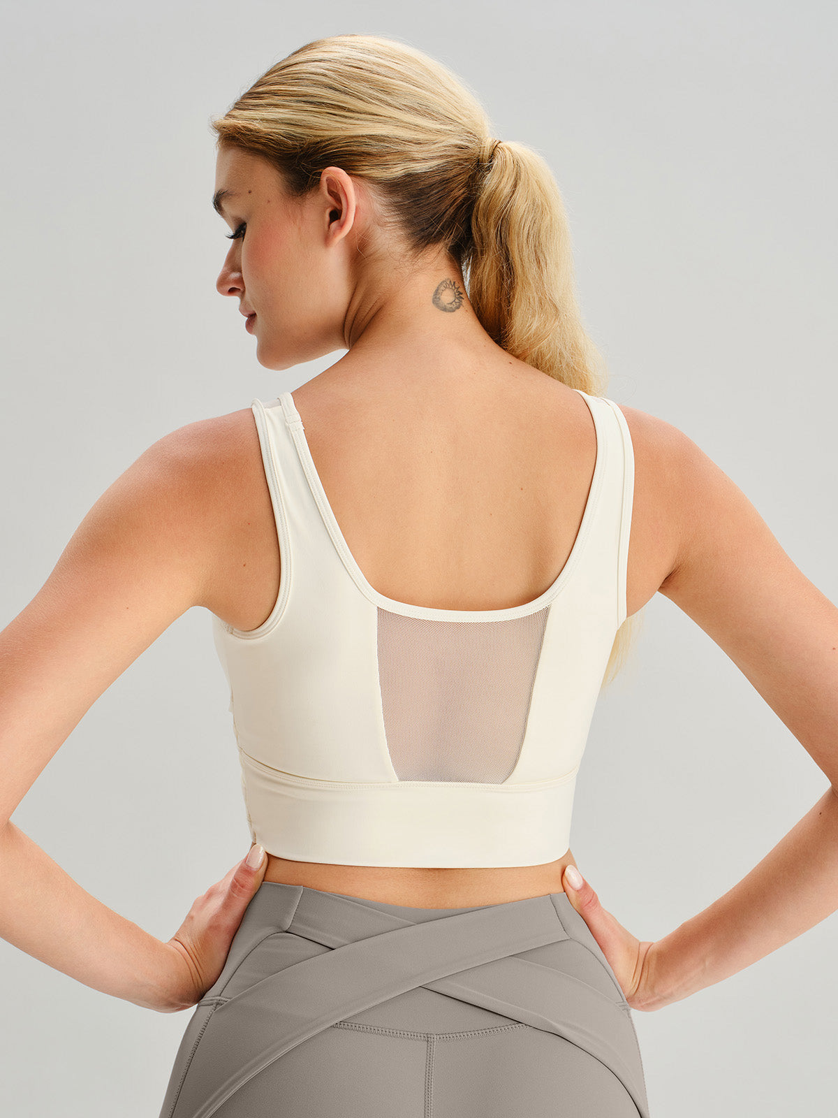 Beige Mesh Cross-Front Tank Top - Light Support