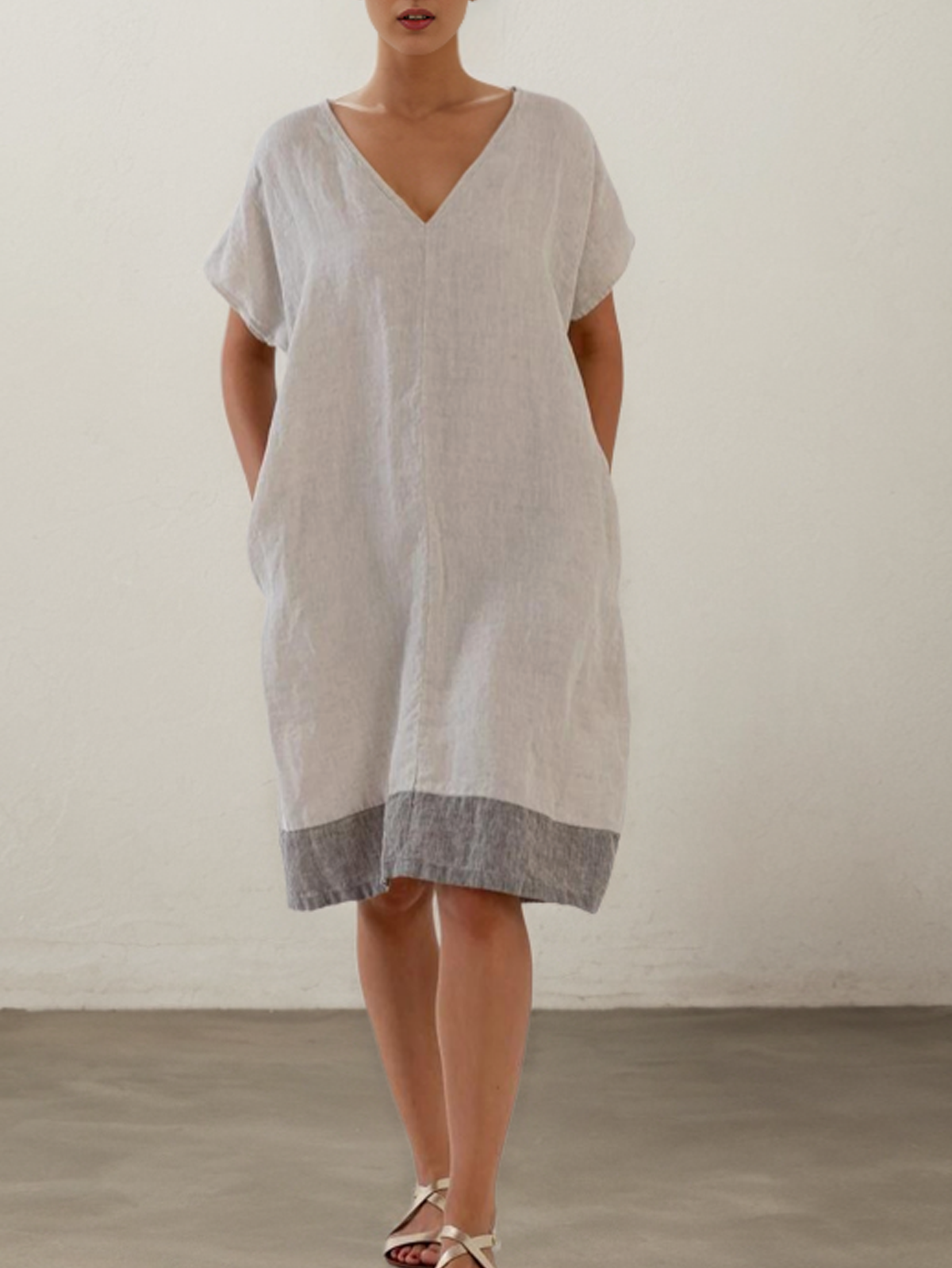 Cotton And Linen Crew Neck Plain Short Sleeve Mini Dress