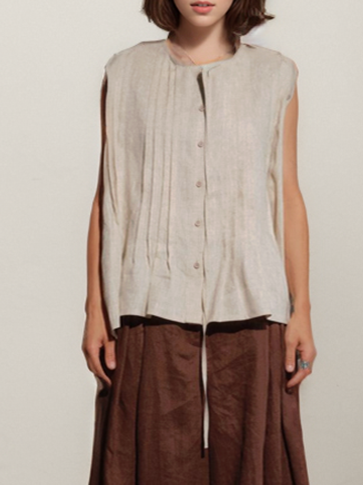 Cotton And Linen Crew Neck Button Design Pleats Sleeveless Tank Top