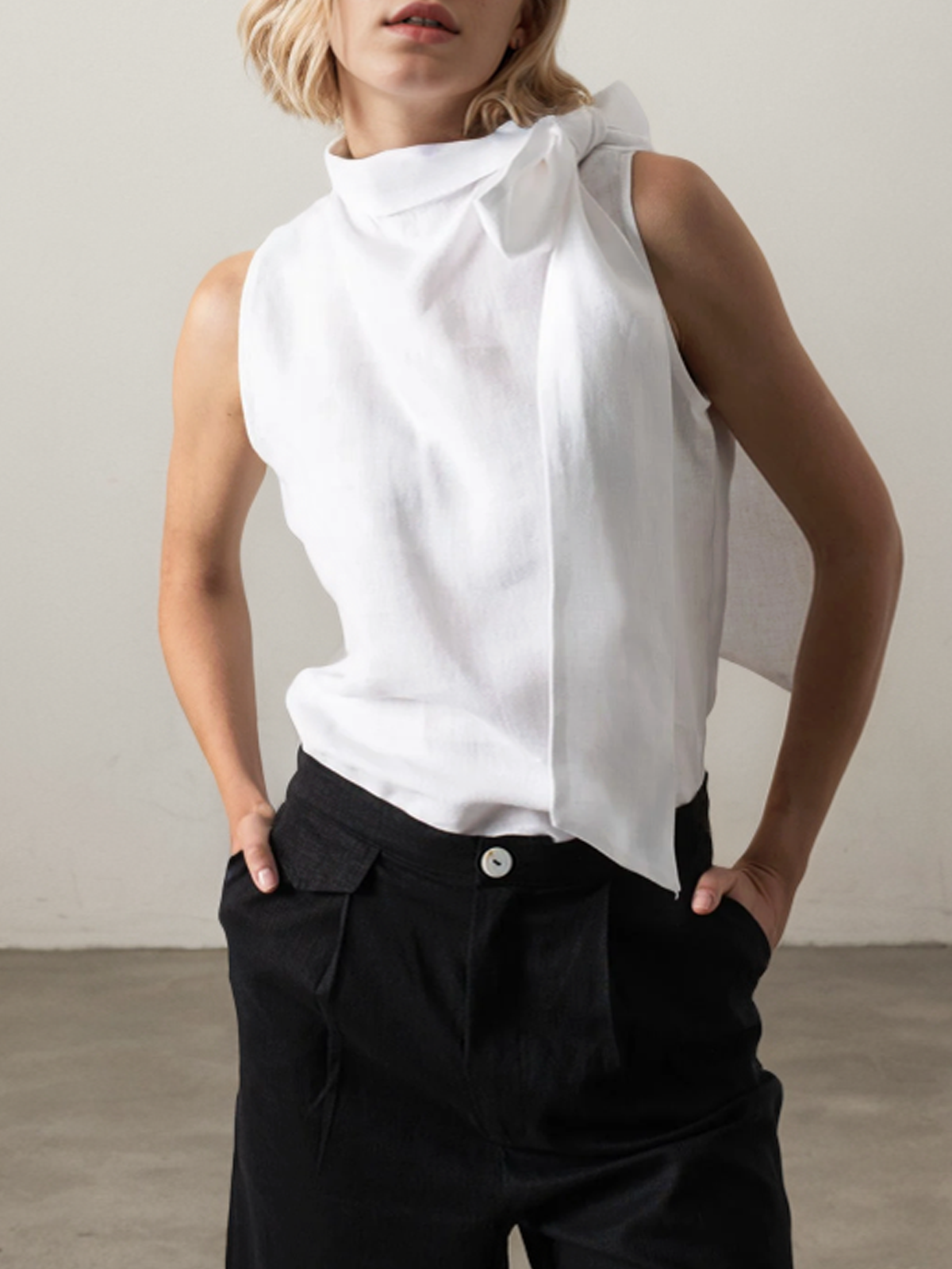 Linen Crew Neck Plain Knot Design Sleeveless Tank Top