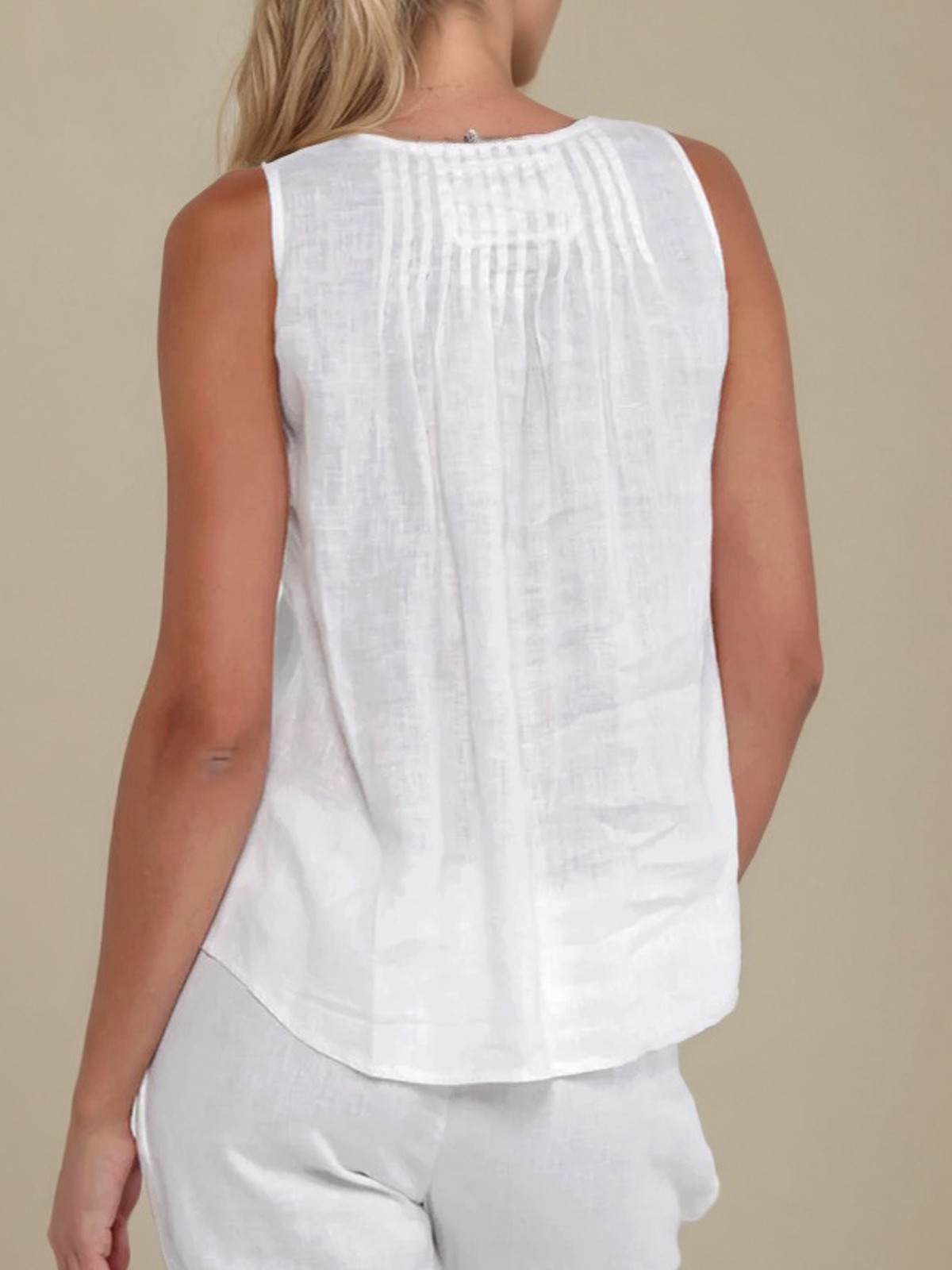Linen Crew Neck Plain Sleeveless Tank Top