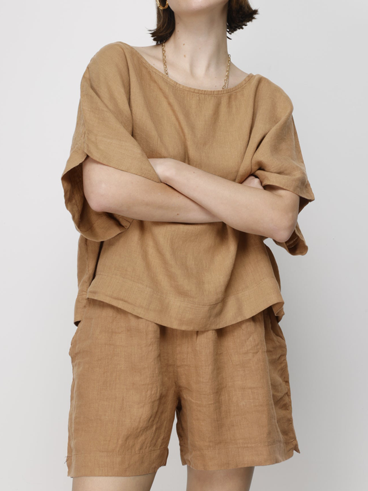 Cotton And Linen Crew Neck Plain Half Sleeve Top With Pants Two-piece Set
