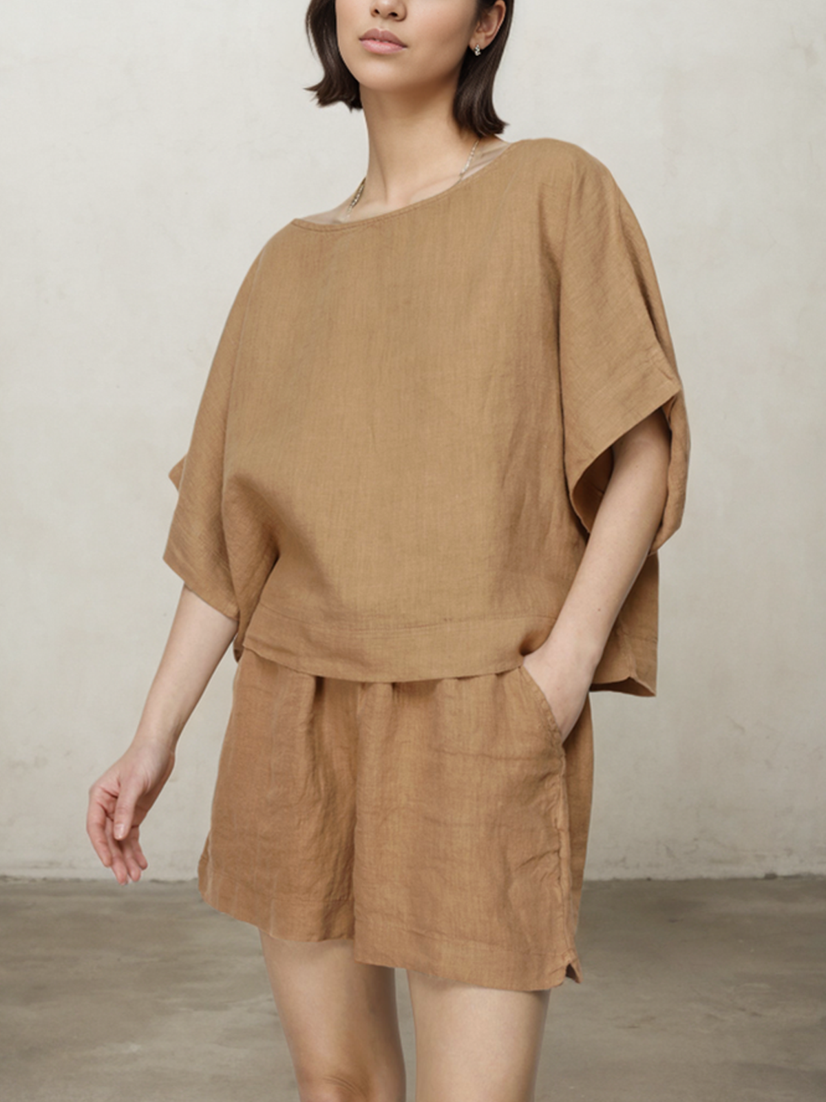Cotton And Linen Crew Neck Plain Half Sleeve Top With Pants Two-piece Set