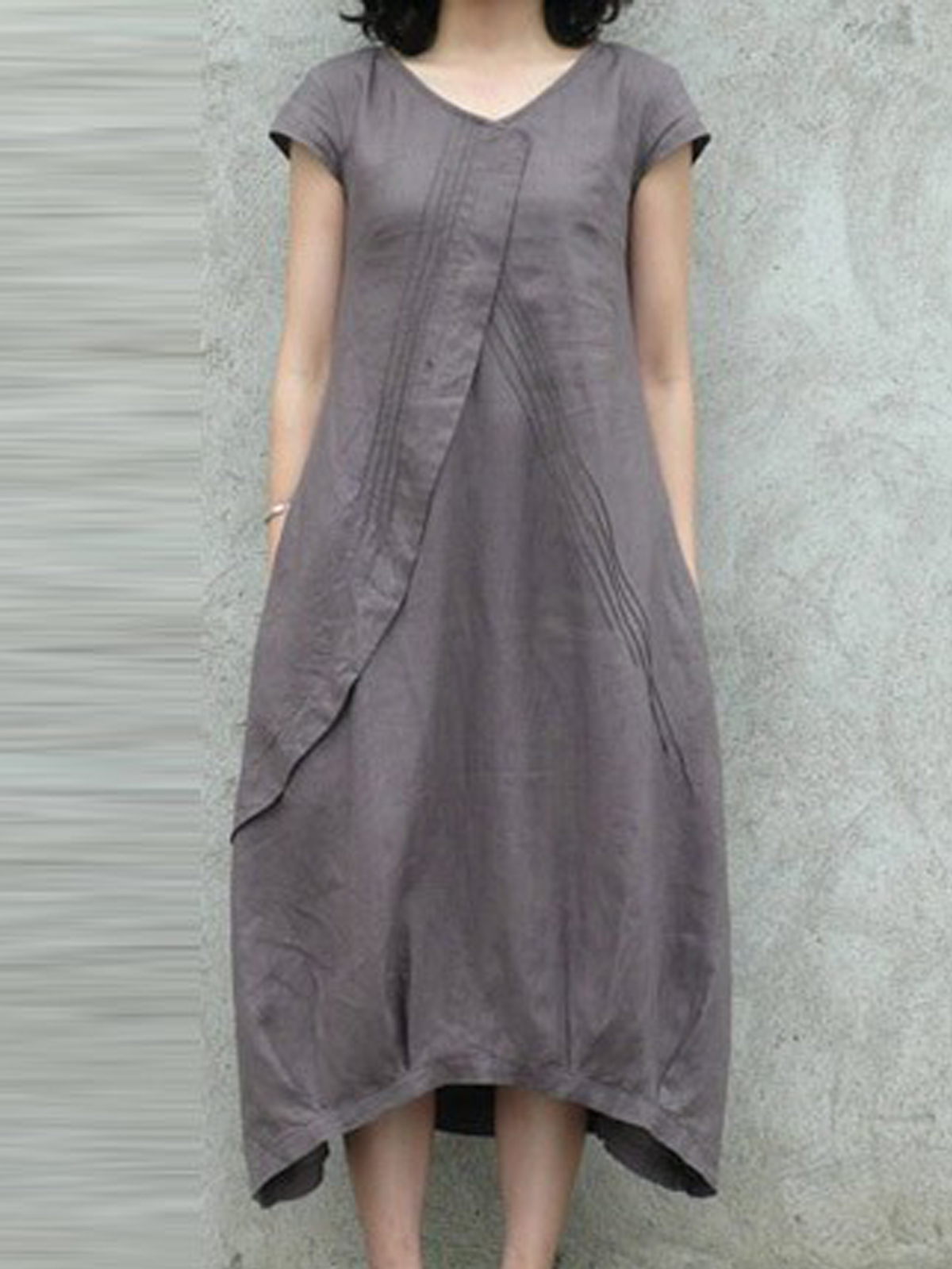 Cotton And Linen Crew Neck Plain Short Sleeve Midi Dress