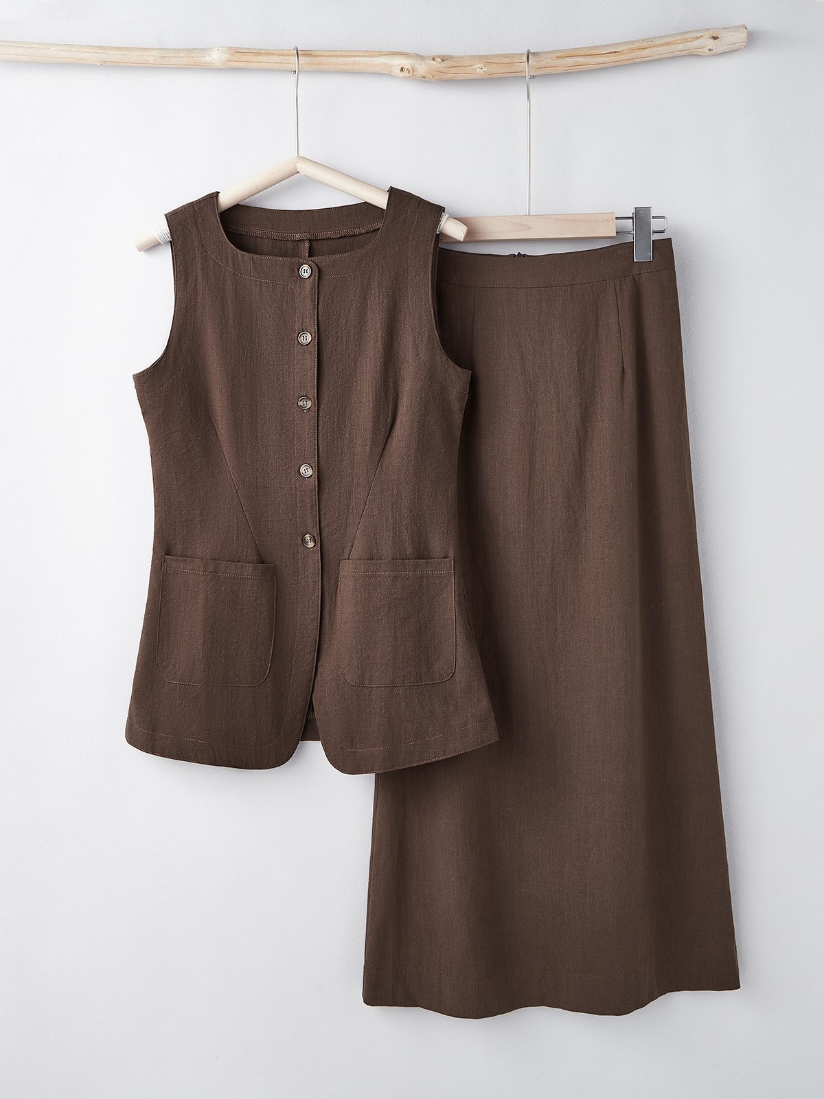 Cotton And Linen Plain Sleeveless Top With Skirt Two-piece Set